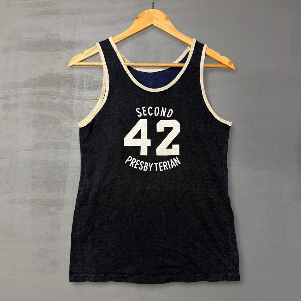 Vintage Champion 50s Tank Top Navy Blue Ringer Second 42 Presbyterian Size 36‎